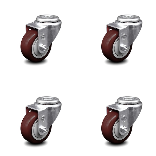 3 Inch Maroon Polyurethane Wheel Swivel Bolt Hole Caster Set